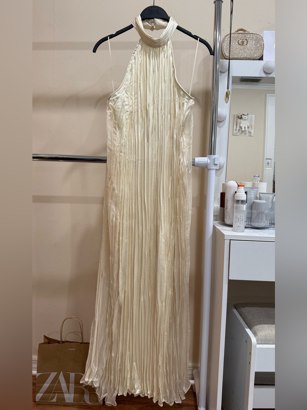 ZARA Satin Pleated Halter Maxi Dress Cream Ivory Open Back Size XS NWT